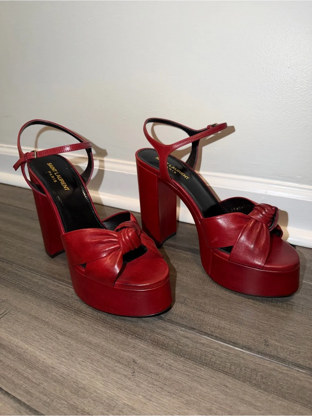 Saint Laurent Red Leather Bianca Knotted Platform Sandals - NWT